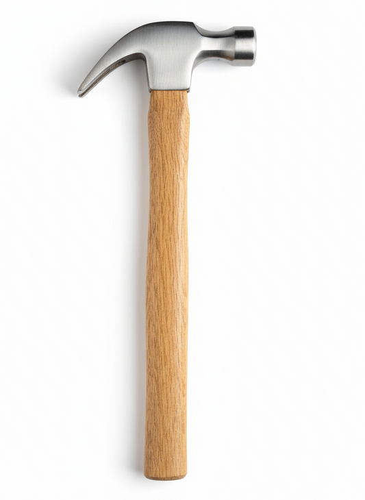 A claw hammer with a polished steel head and a light natural wood handle, shown horizontally against a plain white background.